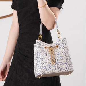 Heritage Embroidered New Chinese Style Bucket Bag – Blue & White Peony