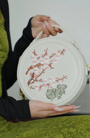 Gu (古) Series Round Bag | Chinese Embroidered Epiphyllum & Plum Blossom Bag | Brocade Modern