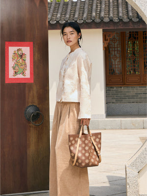 Baoxiang Blossom Embroidered Leather Bucket Bag | Chinese Style Large Tote | Brocade Modern