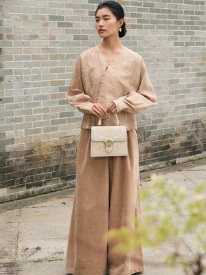 Graceful Lady Embroidered Leather Accordion Bag | Morning Glory Chinese Handbag | Brocade Modern