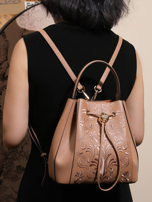 Liuli Phoenix Crown Embroidered Convertible Backpack | Chinese Style Bucket Bag | Brocade Modern
