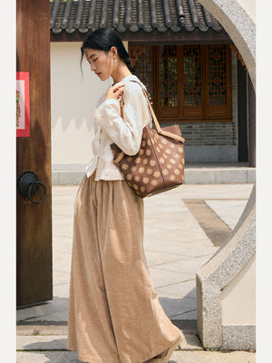 Baoxiang Blossom Embroidered Leather Bucket Bag | Chinese Style Large Tote | Brocade Modern