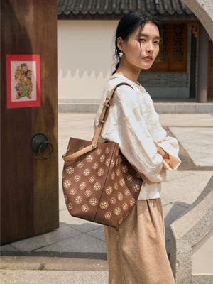 Baoxiang Blossom Embroidered Leather Bucket Bag | Chinese Style Large Tote | Brocade Modern