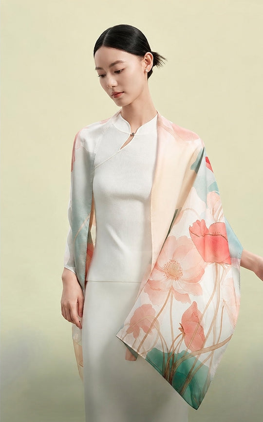 Lotus Flower Deity Mulberry Silk Long Scarf (175×50cm)-brocademodern