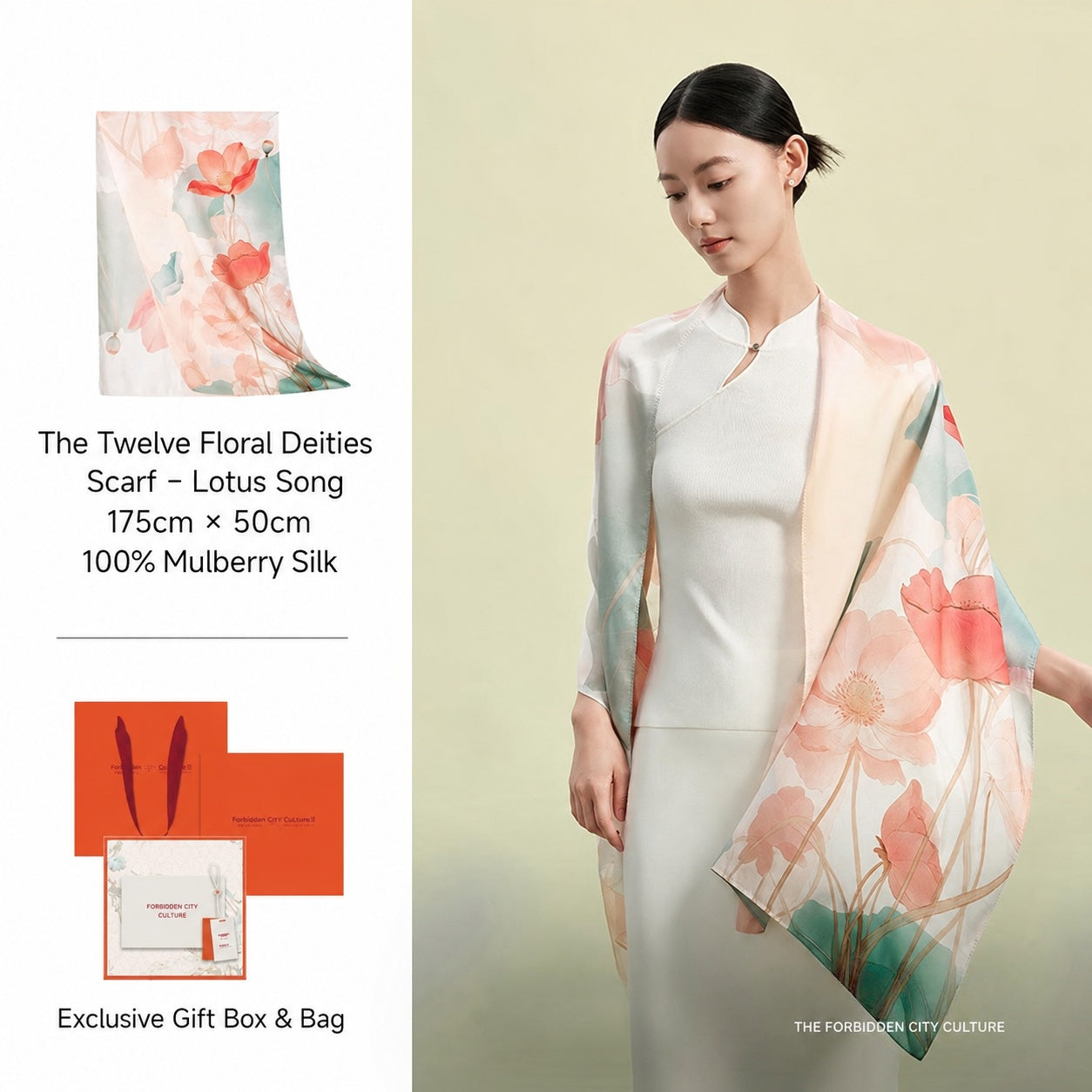 Lotus Flower Deity mulberry silk long scarf with airy drape and soft sheen-brocademdoern