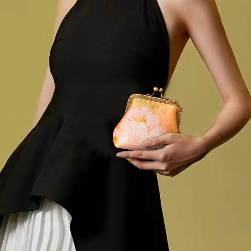 Mulberry Silk Retro Gold Mini Coin Purse Wallet Lotus - SinoCultural -- LD570602G