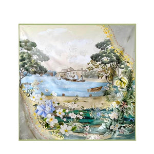 Mulberry Silk 14 Momme Square Scarf Boathouse 108x108 cm - SinoCultural -- CXFJ004