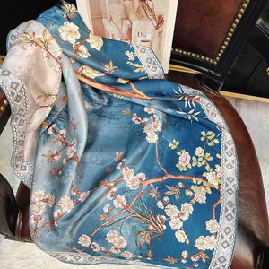Mulberry Silk 14 Momme Square Scarf Plum Blossom 108x108 cm - SinoCultural -- CXFJ002