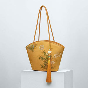 Mulberry Silk Handcrafted Bamboo Yellow Tote Bag - SinoCultural -- P220263-1