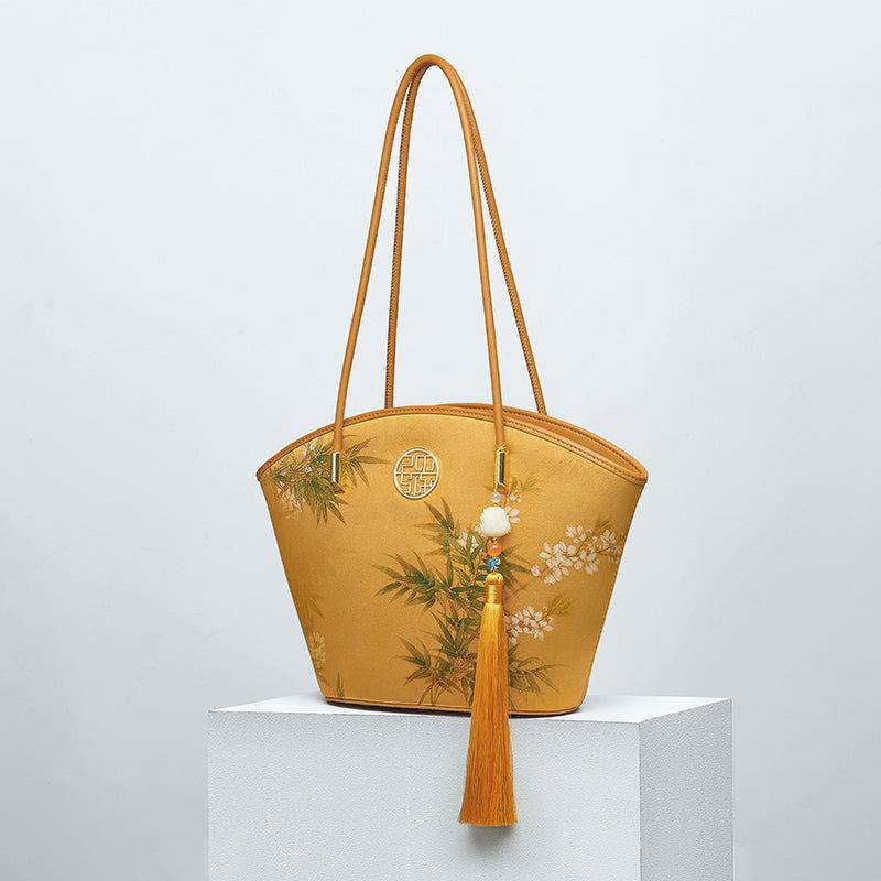 Mulberry Silk Handcrafted Bamboo Yellow Tote Bag - SinoCultural -- P220263-1