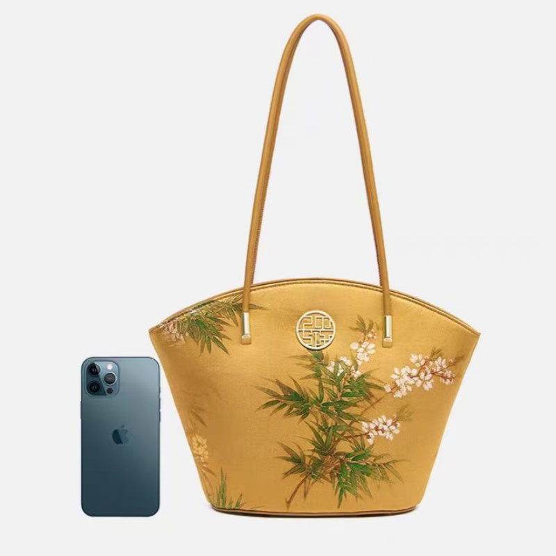 Mulberry Silk Handcrafted Bamboo Yellow Tote Bag - SinoCultural -- P220263-1