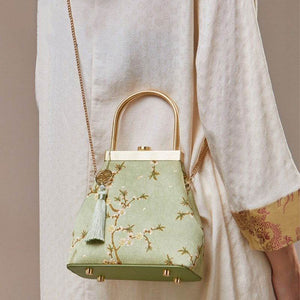 Mulberry Silk Luxury Light Green Kiss Lock Clutch Bag - SinoCultural -- P170118