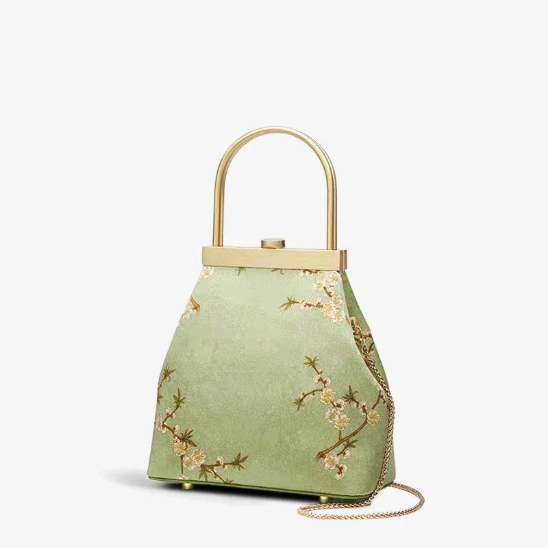 Mulberry Silk Luxury Light Green Kiss Lock Clutch Bag - SinoCultural -- P170118