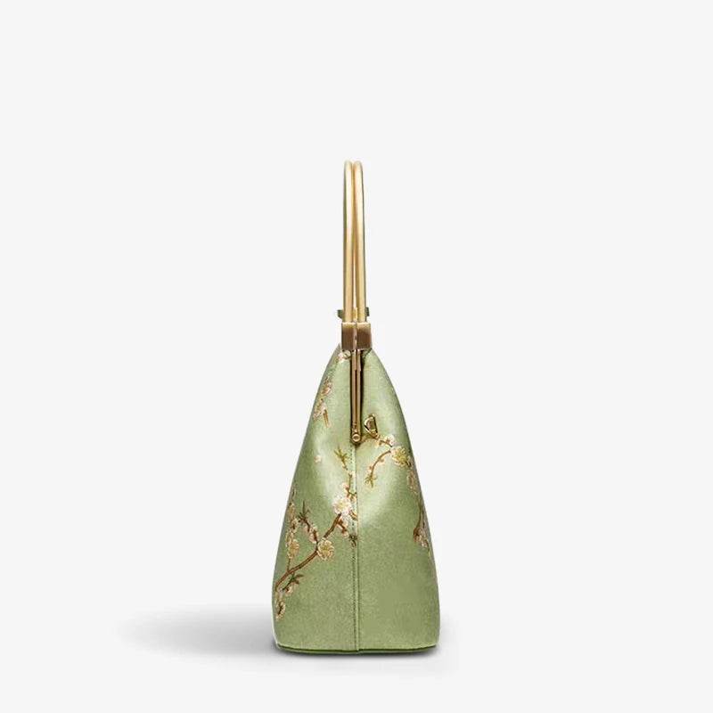 Mulberry Silk Luxury Light Green Kiss Lock Clutch Bag - SinoCultural -- P170118