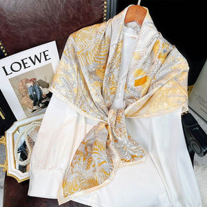 Mulberry Silk 14 Momme Square Scarf Vibrant Floral Gold 88x88 cm - SinoCultural -- CXFJ001