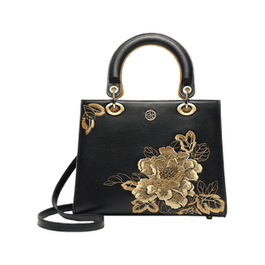 Embroidery Leather Black Lady Bag Gold Peony Luxury Handbag - SinoCultural -- P110146-1