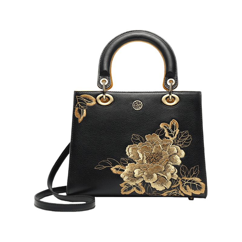 Embroidery Leather Black Lady Bag Gold Peony Luxury Handbag - SinoCultural -- P110146-1