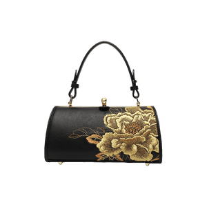 Embroidery Leather Kiss Lock Bag Royal Gold Peony Luxury Handbag - SinoCultural -- P110149-2