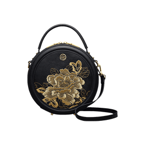 Embroidery Leather Round Handbag High Luxury Royal Gold Peony - SinoCultural -- P110171
