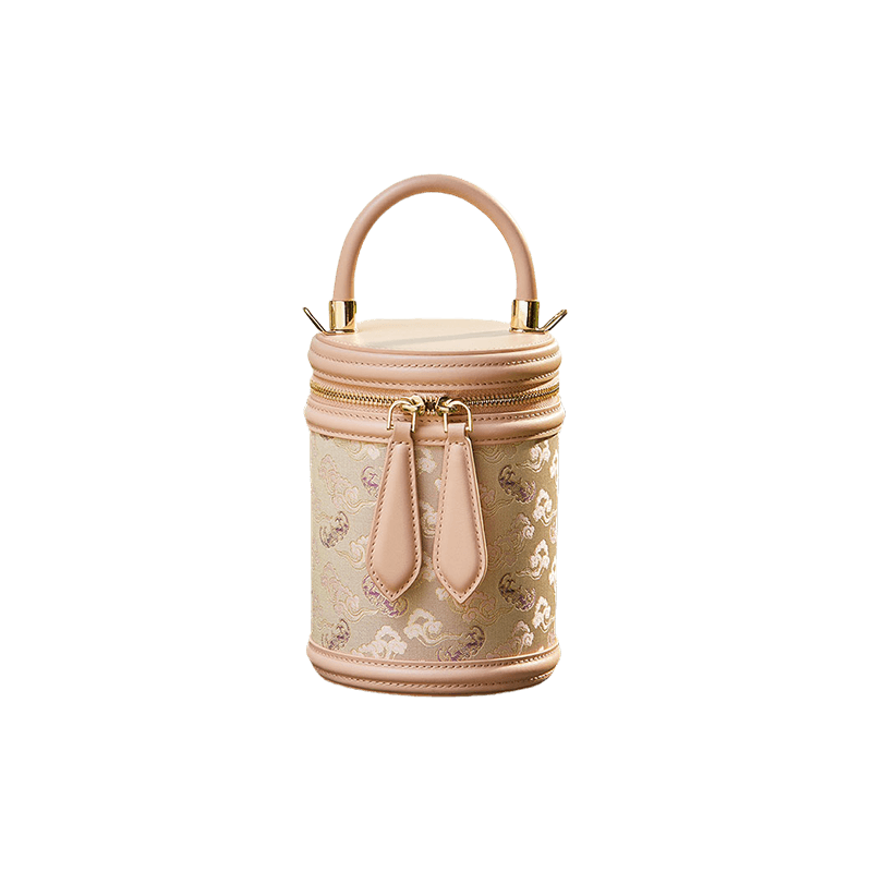 Song Brocade Leather Bucket Cylinder Bag - SinoCultural -- P11017902BG