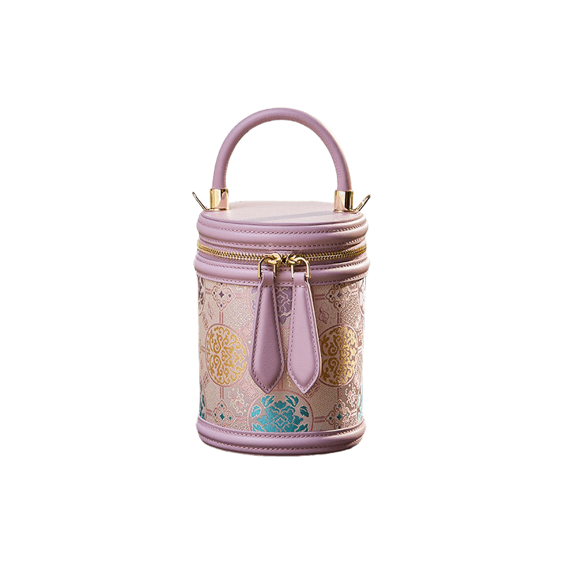 Song Brocade Leather Bucket Cylinder Bag - SinoCultural -- P11017902P-1