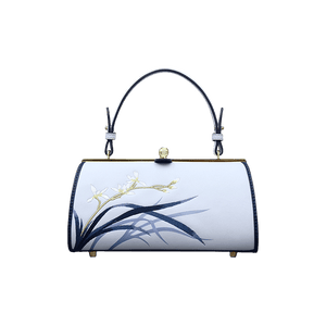 Embroidery Leather Blue Kiss Lock Bag Orchid Cylinder Chain Handbag - SinoCultural -- P120117