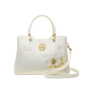 Embroidery Leather White Crossbody Tote Bag Lotus Luxury Gift - SinoCultural -- P120279