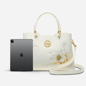 Embroidery Leather White Crossbody Tote Bag Lotus Luxury Gift - SinoCultural -- P120279