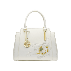 Sinocultural Embroidery Leather Tote Bag White Lotus Crossbody Bag - SinoCultural -- P120317