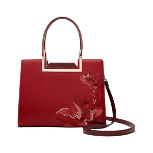 Sinocultural Embroidery Leather Red Tote Bag Magnolia Women's Handbag - SinoCultural -- P120346-1