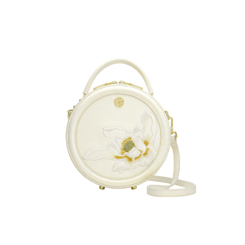 Embroidery Leather White Round Handbag Lotus - SinoCultural -- P120355