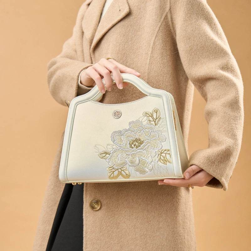 Embroidery Peony White Leather Tote Bag - SinoCultural -- P120432