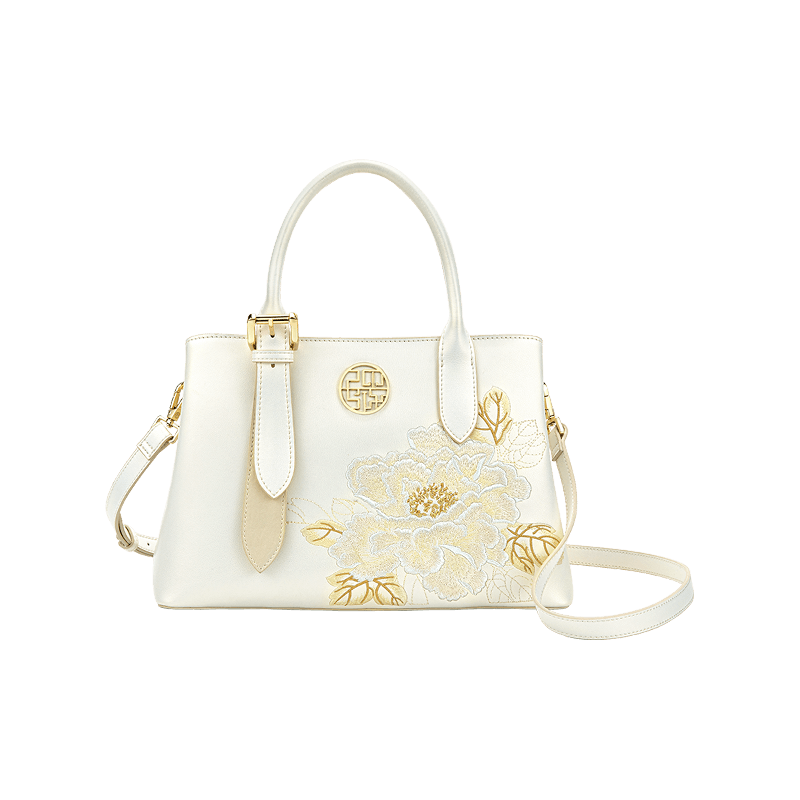 Embroidery Leather Tote Bag White Blooming Peony - SinoCultural -- P120436