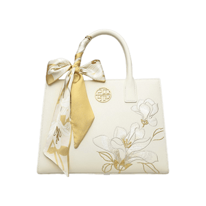 Embroidery Leather White Commuting Handbag Orchid with Scarf - SinoCultural -- P120437-1