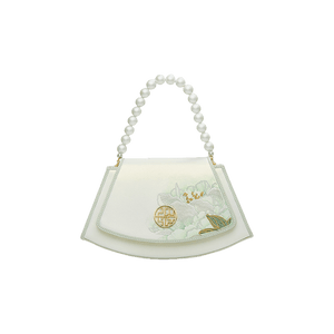 Embroidery Leather Retro White Hibiscus Handbag with Pendant - SinoCultural -- P120446