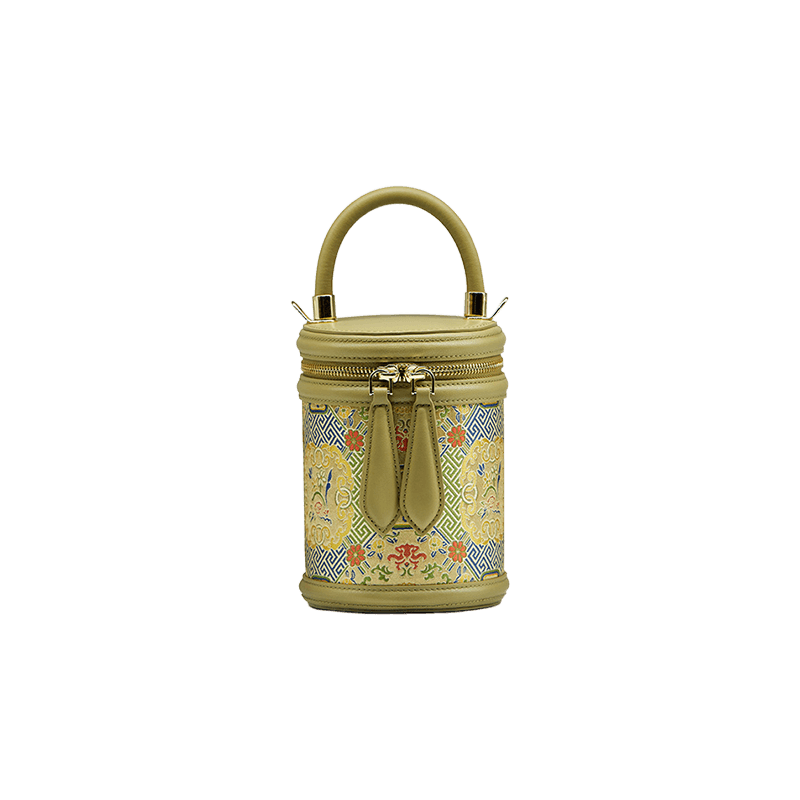 Song Brocade Leather Bucket Cylinder Bag - SinoCultural -- P120617