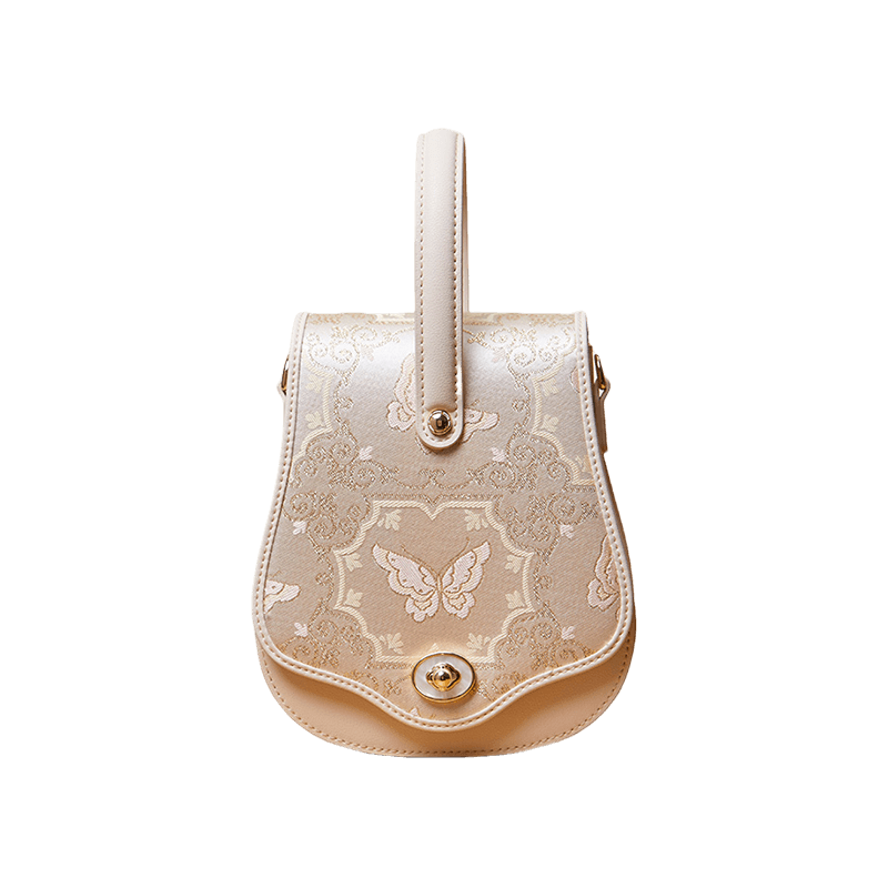 Brocade Jacquard Beige Butterfly Designer Saddle Bag - SinoCultural -- P1206260402LG-2