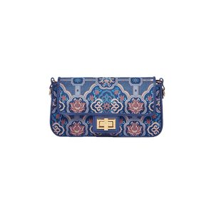 Song Brocade Leather Mulberry Silk Blue Shoulder Evening Bag - SinoCultural -- P12064802B
