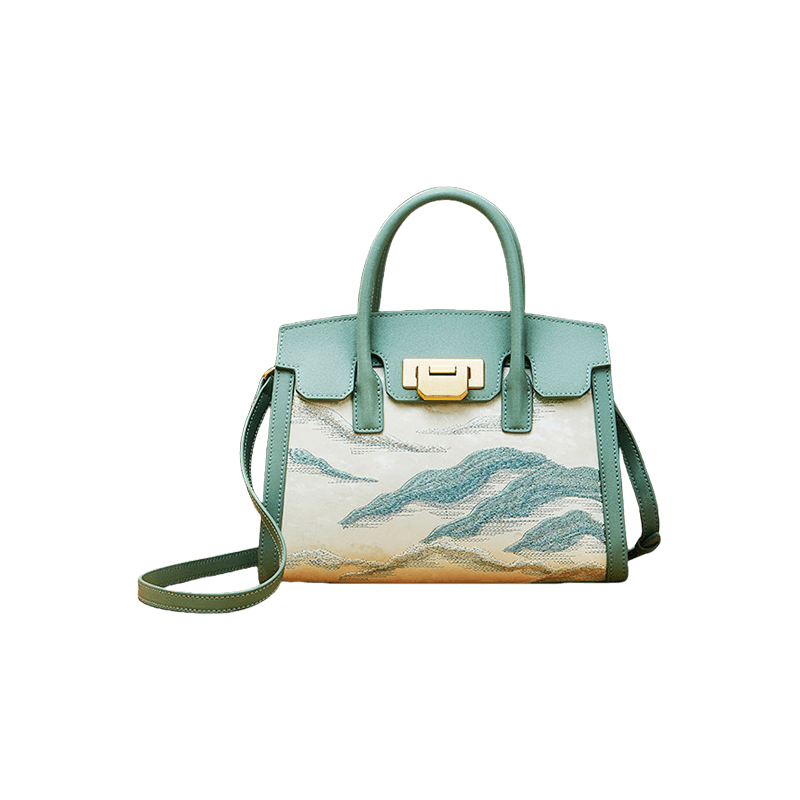 Embroidery Leather Elegant Birkin Handbag Cloud Mountain - SinoCultural -- P120659-1
