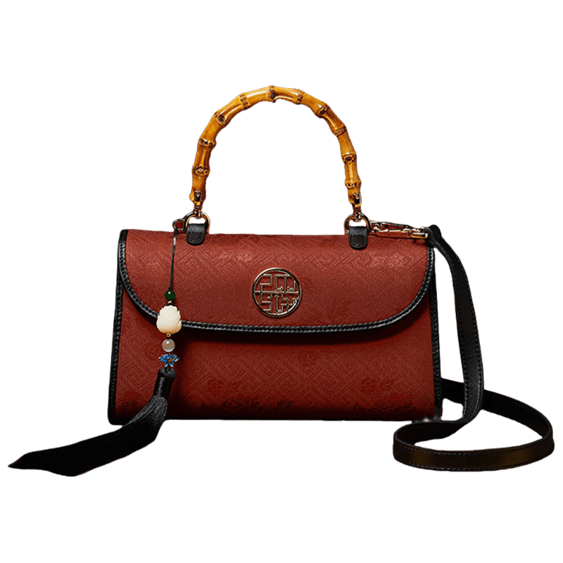 Xiangyunsha Silk Bamboo Handle Brwon Handbag - SinoCultural -- P170079-2