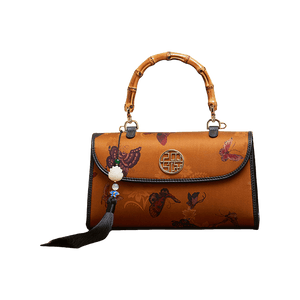 Xiangyunsha Silk Brown Butterfly Bamboo Handle Handbag - SinoCultural -- P170079BK