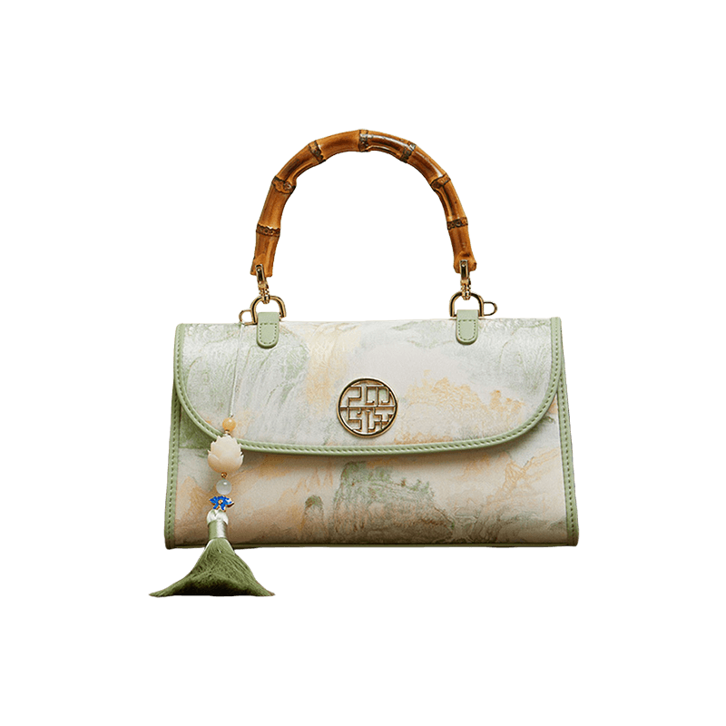 Chinese Style Mulberry Silk Bamboo Handle Light Green Handbag - SinoCultural -- P170079LG