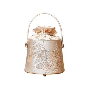 Brocade Jacquard Leather Drawstring Beige Bucket Bag Loong Pattern - SinoCultural -- P17061804-1