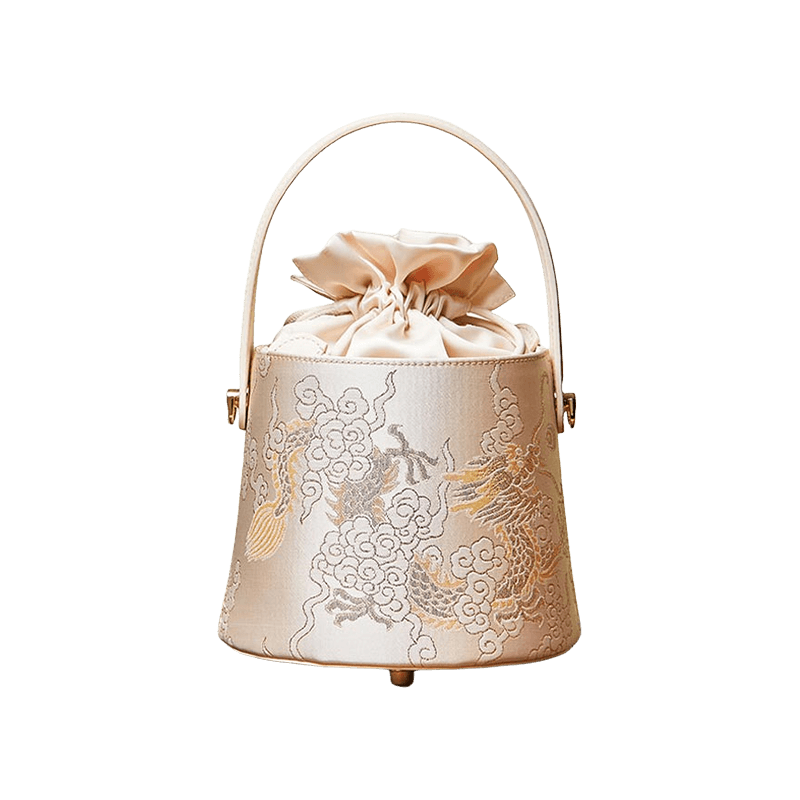 Brocade Jacquard Leather Drawstring Beige Bucket Bag Loong Pattern - SinoCultural -- P17061804-1
