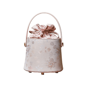 Brocade Jacquard Leather Drawstring Floral Powder Pink Bucket Bag - SinoCultural -- P17061804-1