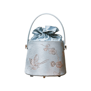 Brocade Jacquard Leather Drawstring Light Blue Butterfly Bucket Bag - SinoCultural -- P17061804-4