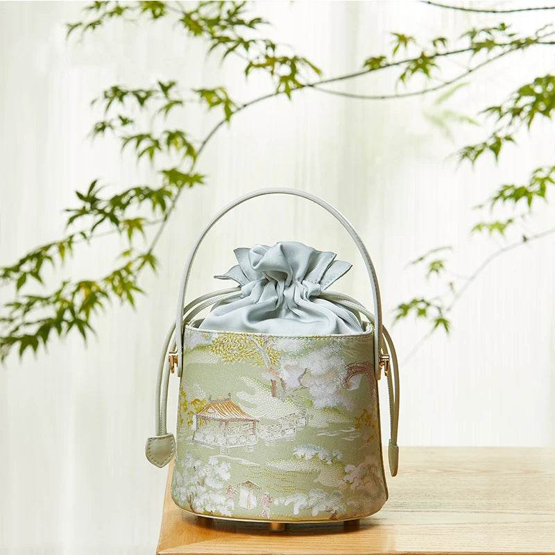 Chinese Painting Mulberry Silk Green Bucket Designer Handbag - SinoCultural -- P17061805