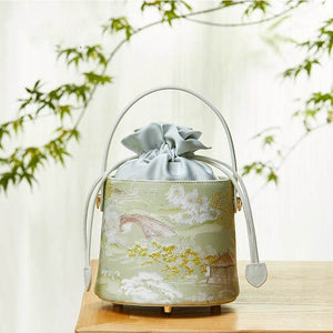 Chinese Painting Mulberry Silk Green Bucket Designer Handbag - SinoCultural -- P17061805