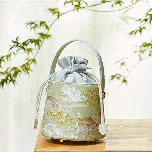 Chinese Painting Mulberry Silk Green Bucket Designer Handbag - SinoCultural -- P17061805