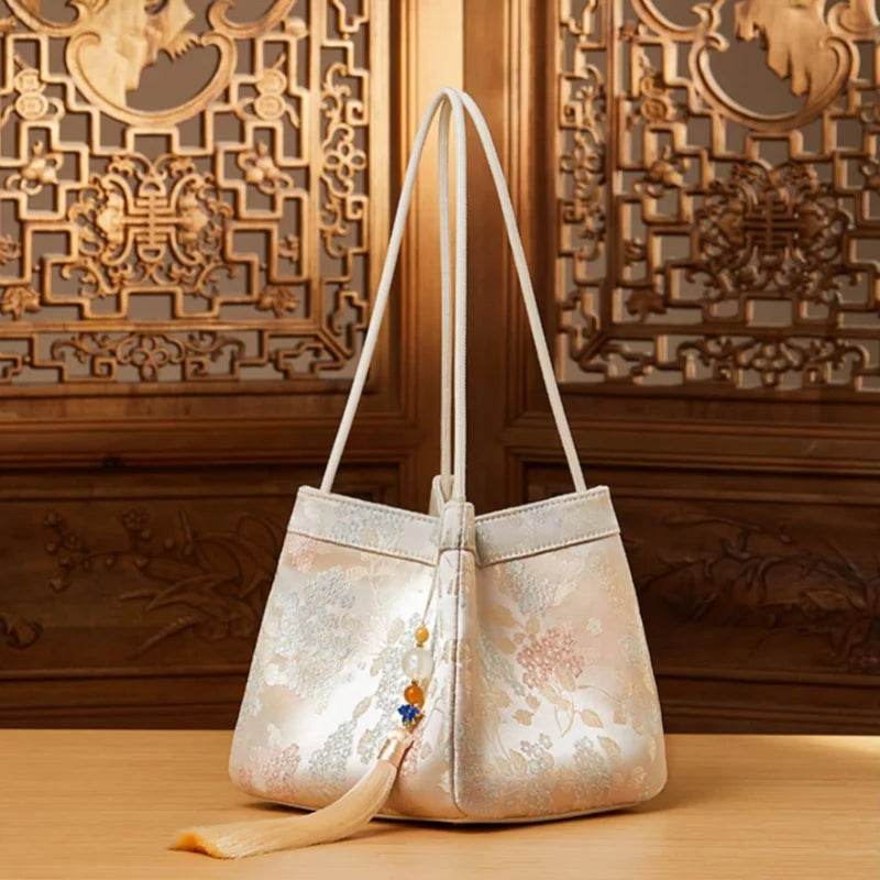 Jacquard Brocade Beige Bucket Handbag Floral New Chinese Style - SinoCultural -- P17062004